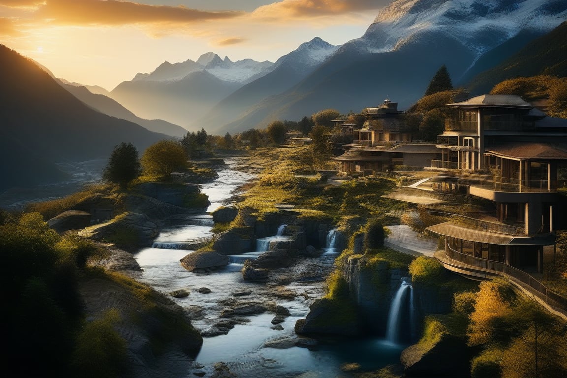 Low angle photo of an advanced mountain village surrounded by picturesque waterfalls. Delicate, and ornate lines that evoke a sense of progress and tranquility. Set in a pristine nature background that provides a striking contrast with highly technological architecture. The intricate details of the advanced architecture are highlighted by the warm light of the late evening sun setting over the mountains. vivid color