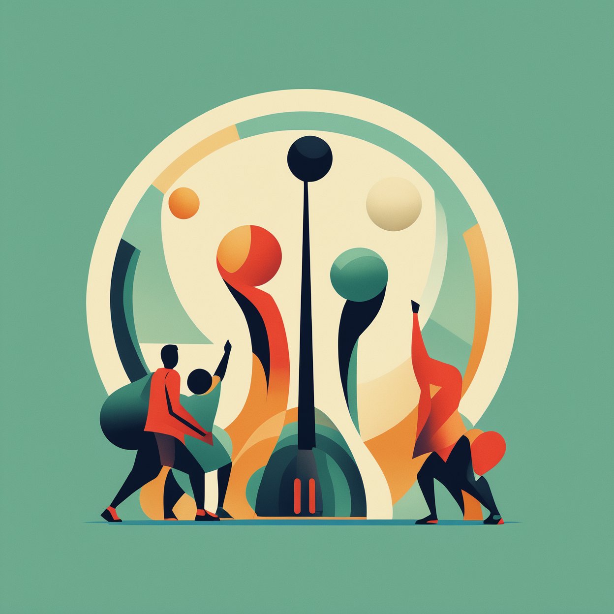 abstract minimalism, graphic design, olympic basketball team shooting balls through the olympic logo to warm up before the game, bold flat colors and shapes, expressive geometric art, artistic composition, clean lines, abstract, flat design, in the style of james gilleard