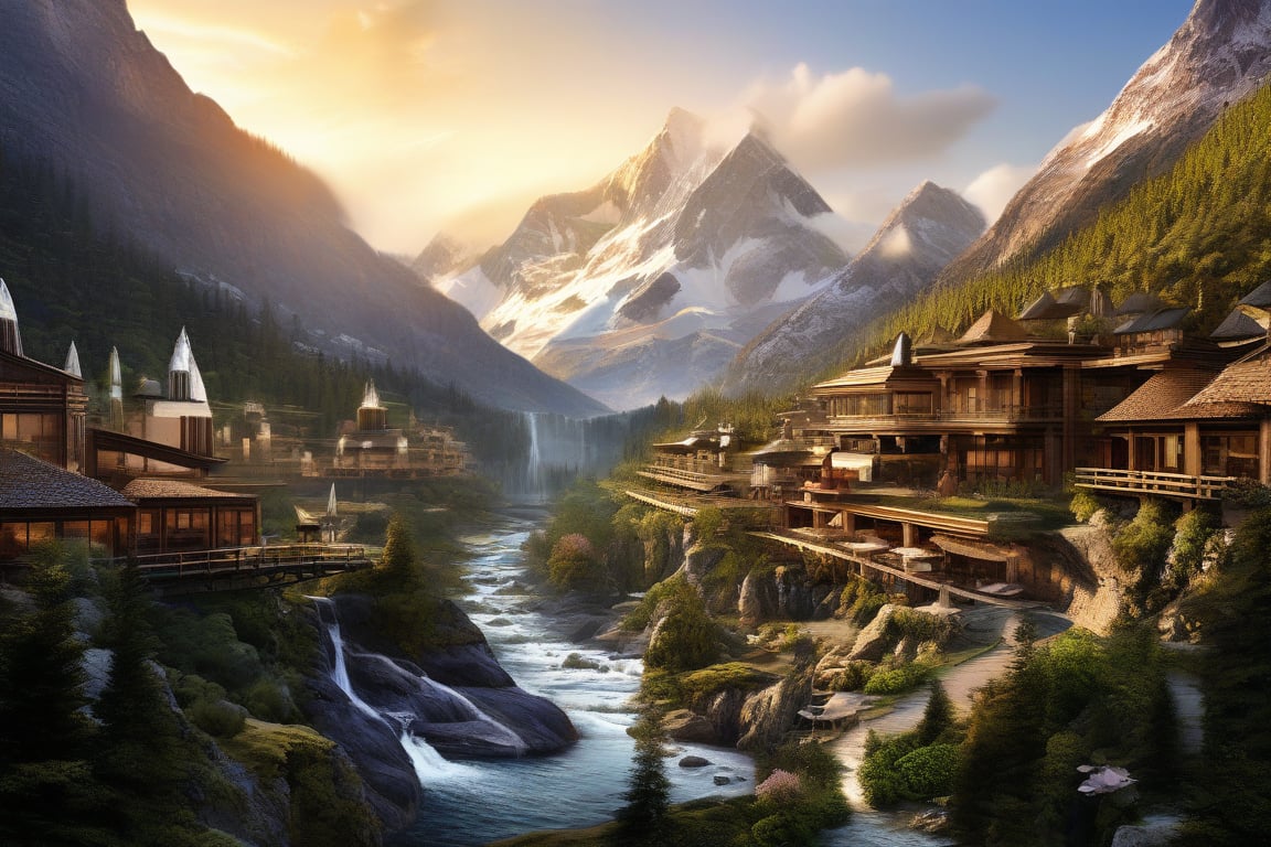 Low angle photo of an advanced mountain village surrounded by picturesque waterfalls. Delicate, and ornate lines that evoke a sense of progress and tranquility. Set in a pristine nature background that provides a striking contrast with highly technological architecture. The intricate details of the advanced architecture are highlighted by the warm light of the late evening sun setting over the mountains.