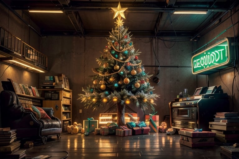 Santa's 80s house, a big living room decorated with a neon sign christmas tree, retro boombox, stack of audio cassettes, nostalgic retro 80s interior design, neon light,neon light