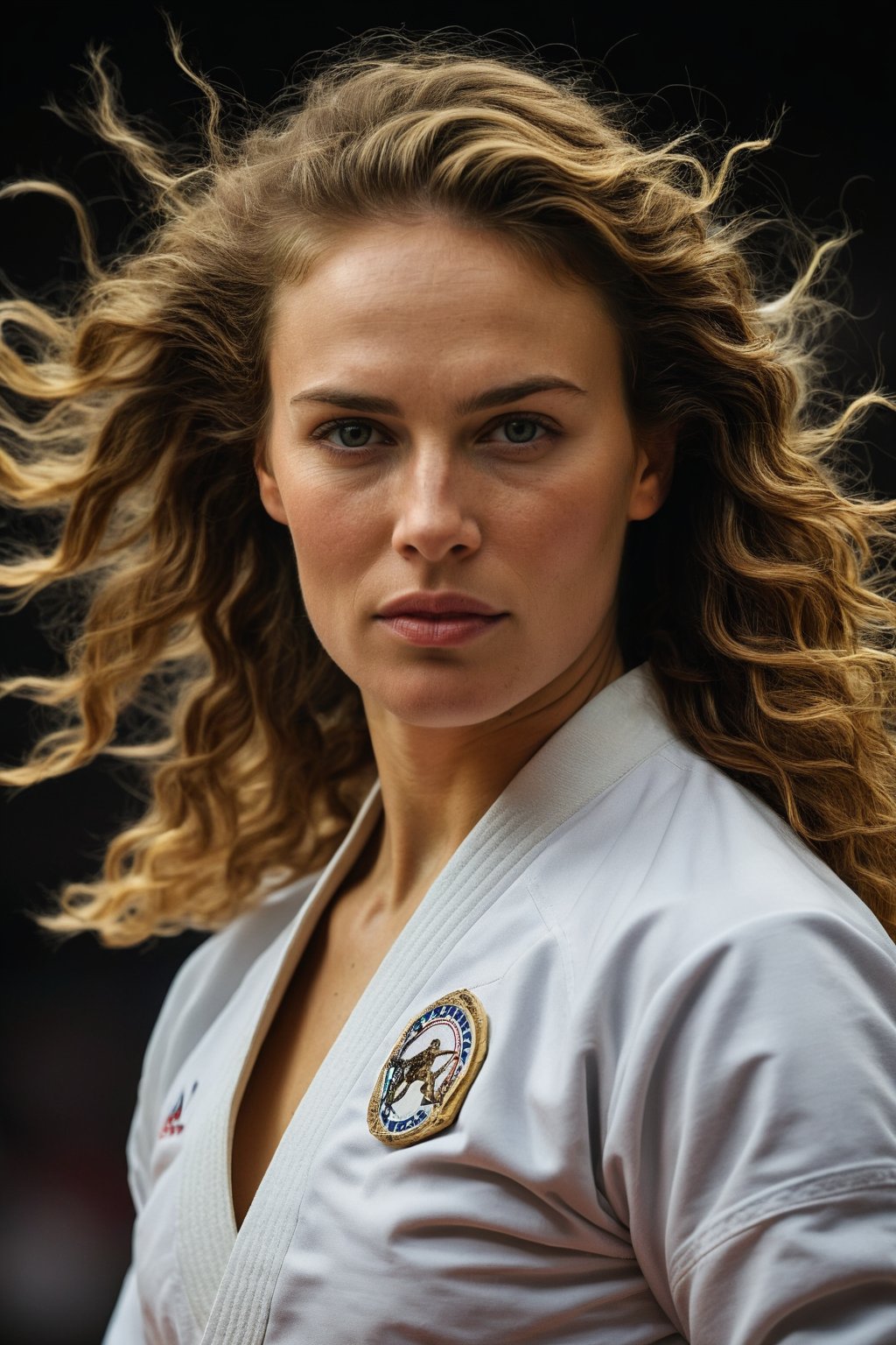 Compose an UHD, sharp, extremely detailed sidelit dynamic RAW photo of a female olympic judoka with bronze hair that is wavy, luscious and silky. Emphasize attention to detail, focusing on subtleties of the athlete in motion. The hair shines in intricate detail to give the impression of softness and elegance contrasting the overall effect of the scene which is all about power and control. The timeless and unexpected beauty of the subject with teutonic features is a mix of delicate nature, warmth and unyielding determination as she chases the olympic medal. bokeh, sport venue background, chiaroscuro