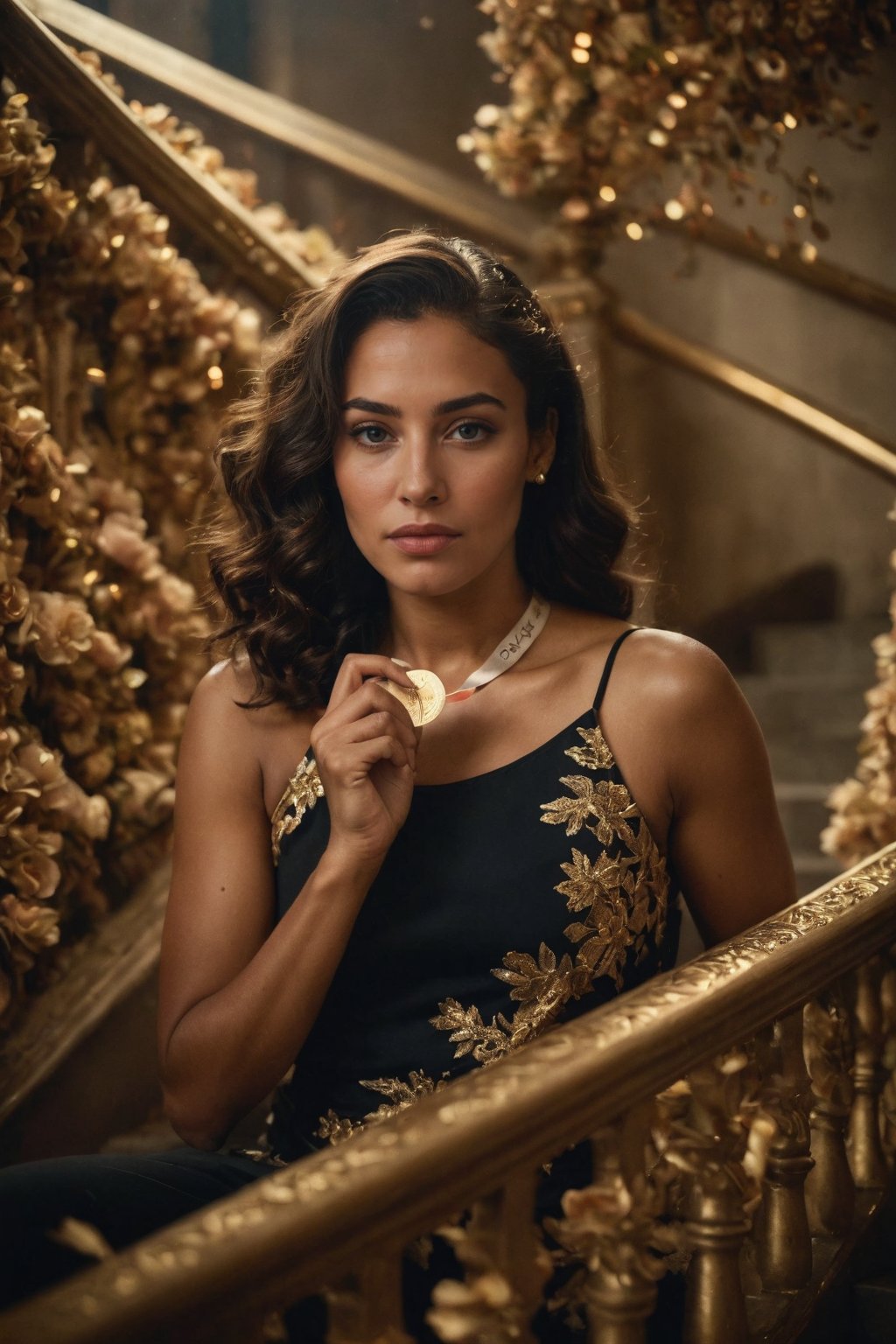 8k uhd, raw photo, sharp, extremely detailed sidelit portrait of an olympic athlete with a gold medal descending an ornate staircase covered with flower petals. The athlete has dark, wavy, luscious and silky hair that contrasts the vibrantly colored petals. Emphasize realism and attention to detail, focus on capturing the subtleties of the subject's expression. Intricate details give the impression of softness and elegance. The overall effect is one of glory, celebration and beauty. bokeh background, chiaroscuro, Kodak Gold 400 film, staircase, Low-key lighting Style