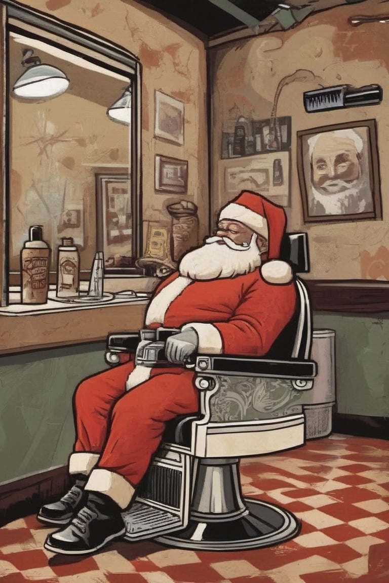 Santa in a classic barber shop getting his beard trimmed, artistic composition, masterpiece, Dave_Quiggle_Style