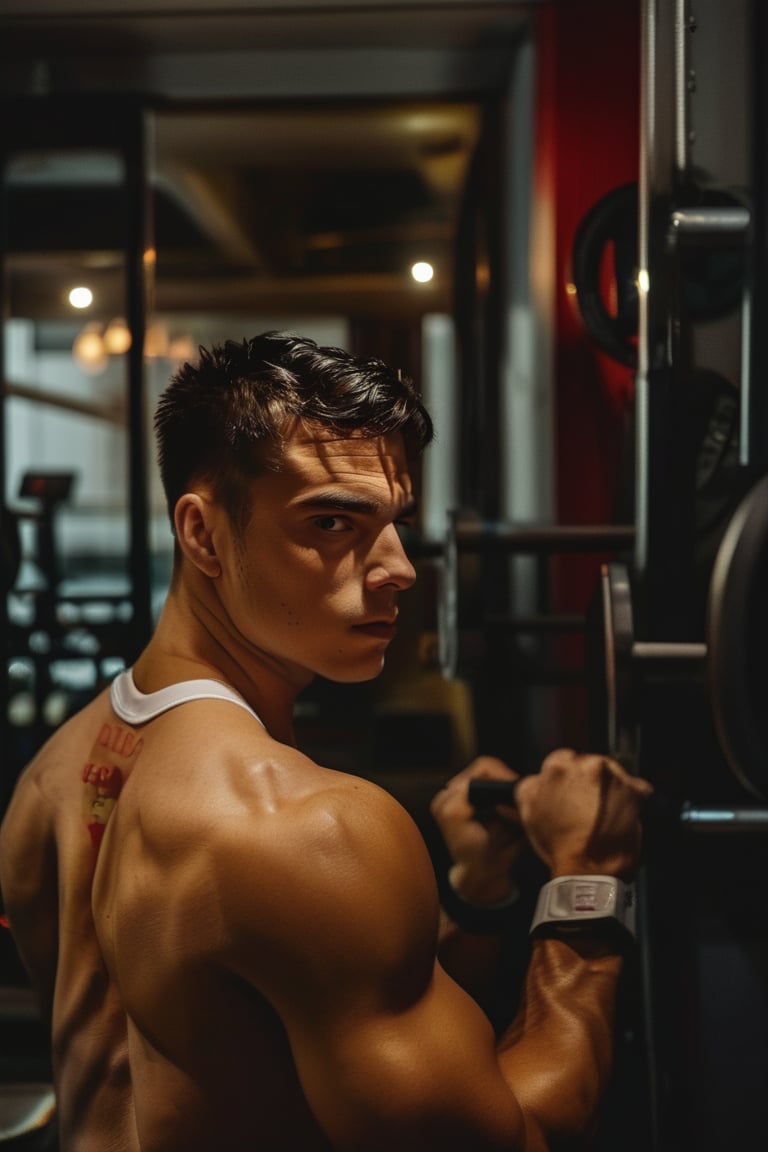 8k uhd, RAW photo, best quality, lowkey portrait of an olympic athlete posing for a promotional photoshoot in a cosy private gym, 27 years old, athletic body, artistic composition, moody ambiance, extremely detailed, award winning sports photography, dslr, high quality, film grain, Fujifilm XT3, sharp focus, f 5.6