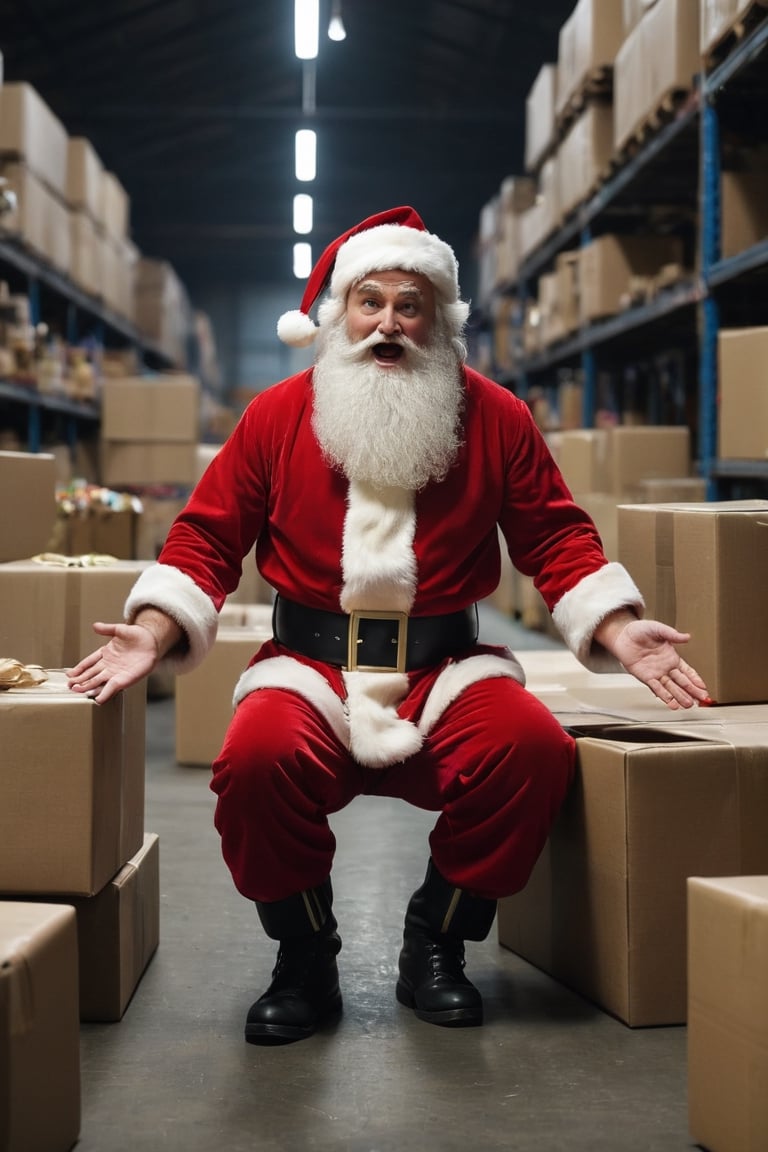 (Santa Claus inspecting toys and enraged after noticing that a lot of the toys he's about to deliver have missing or extra limbs), 8k UHD, raw photo, highly detailed, rich deep color scheme, flowing hair and beard, full body portrait, smooth, perfect composition, perfect body, in an industrial warehouse full of toys and Santa helpers preparing gift packages, cinematic  moviemaker style