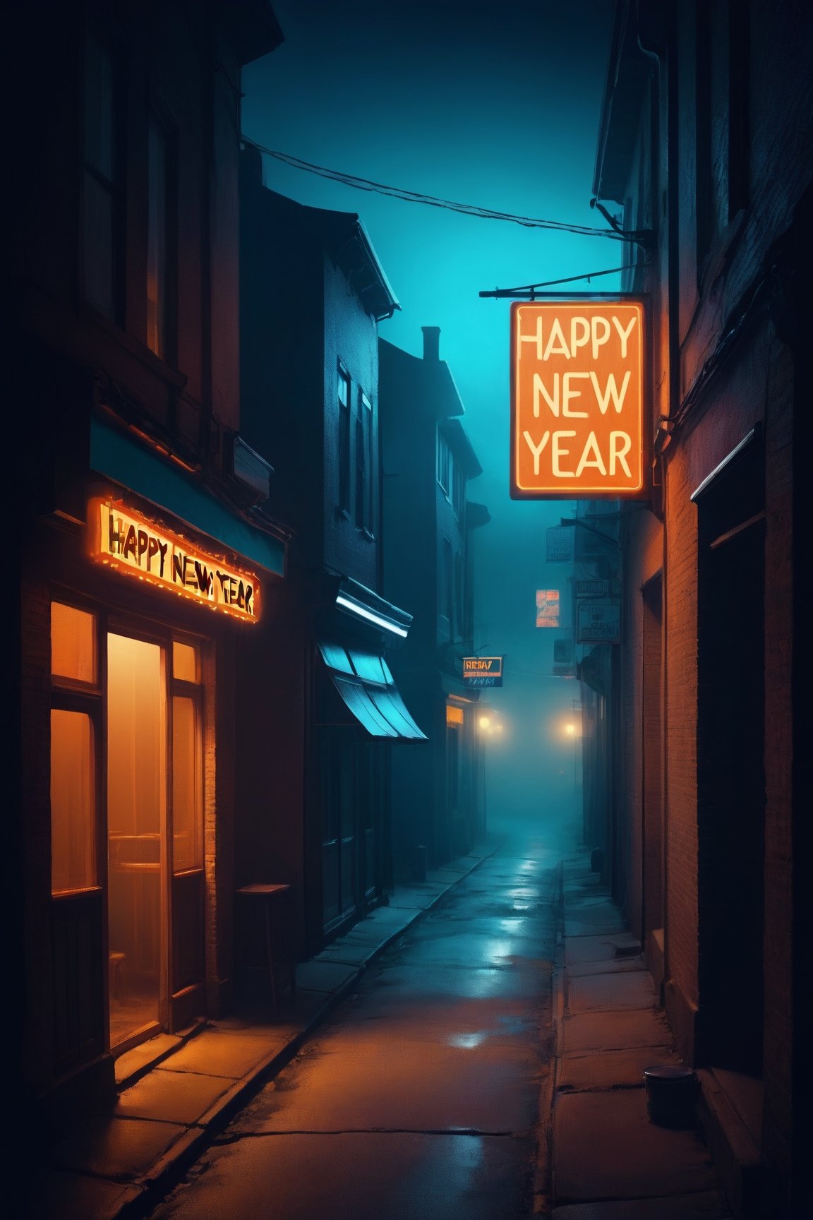 masterpiece, hazy teal orange foggy night sky, (silhouette), atmospheric, urban scene in a small town, new year after party theme, best quality, dark side alley, neon shop sign with the text (((happy new year 2024))), text