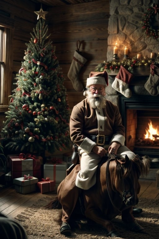 RAW photo, 8k UHD, highly detailed, ((Santa riding a mechanical bull)) in his cowboy style home, wild west saloon type christmas decorations, christmas tree with cowboy ornaments, fireplace, wild west vibe, nitricate 3D, cowboy shot, dynamic pose, wide angle photography, westworld,1,westworld,modelshoot style,realistic