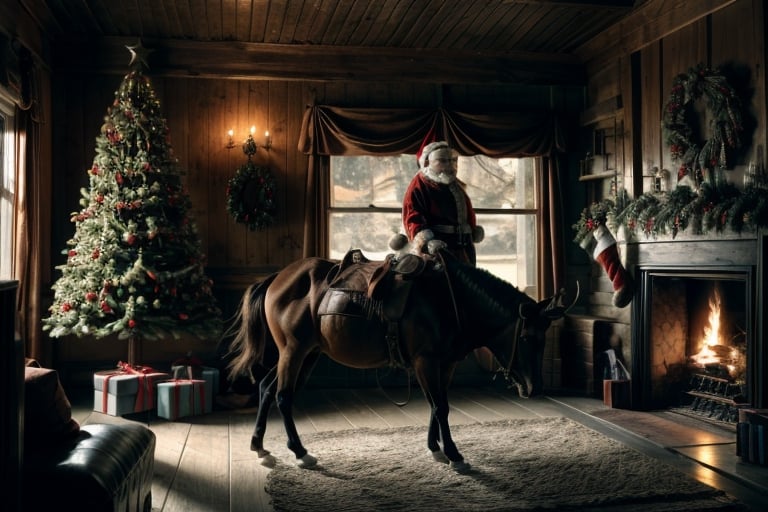 RAW photo, 8k UHD, highly detailed, ((Santa riding a mechanical bull)) in his cowboy style home, wild west saloon type christmas decorations, christmas tree with cowboy ornaments, fireplace, wild west vibe, nitricate 3D, cowboy shot, dynamic pose, wide angle photography, westworld,1,westworld,modelshoot style,realistic