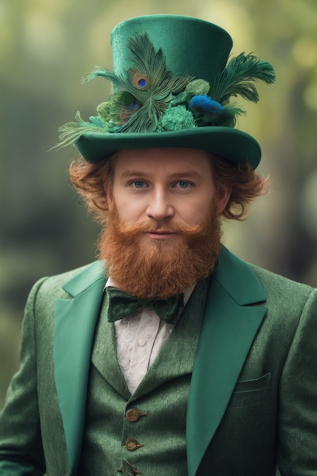 masterpiece, best quality, high resolution, 8k uhd, 35 years old leprechaun, voluminous sculptured hair, sharp detailed eyes, dynamic pose, green dress made with green peacock feathers, showered with four leaf clovers, blurred bokeh background, mesmerizing and visually stunning geometric artwork, intricate details, vibrant colors.