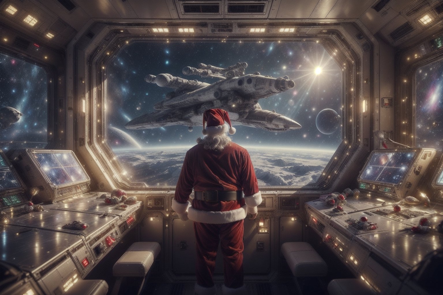 ((Santa Claus flying on a spaceship)), natural light, (RAW photo, best quality, masterpiece: 1.3), photon mapping, ultra-high resolution, 16k image, depth of field, spaceship interior, lost in space, top quality, futuristic control room, large windows, science fiction, view through the window, neon, screen, outside space, galaxies, realistic,ChristmasWintery