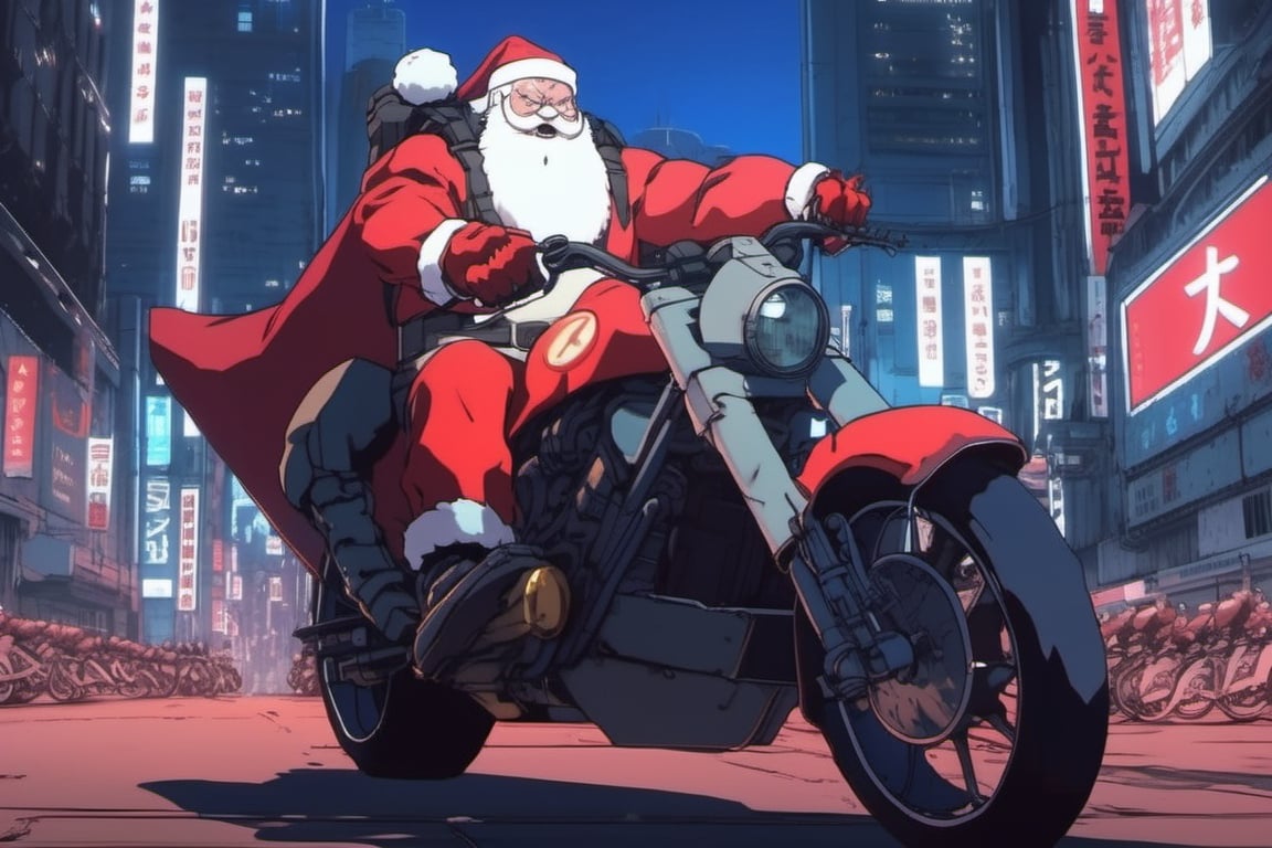 in the cyberpunk anime style of Akira, Santa Claus as a character in the anime Akira, riding the iconic futuristic motorcycle from Akira, chasing a group of masked gift thieves, epic scene, anime style, movie scene, 4k