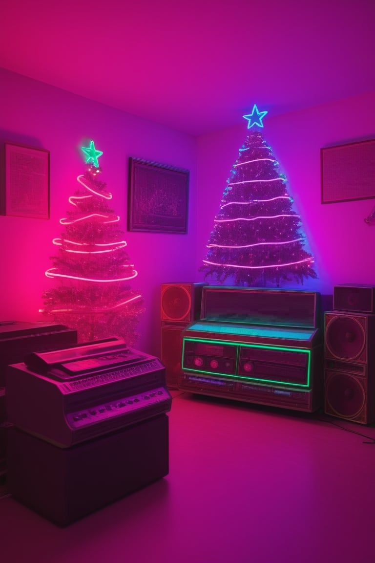 (Santa chilling in his batchelor pad) from the 1980s, neon christmas decorations, neon light in the shape of a christmas tree on the wall, oversized retro boombox, big stacks of cassette tapes, 16K, neon photography style,<lora:659095807385103906:1.0>