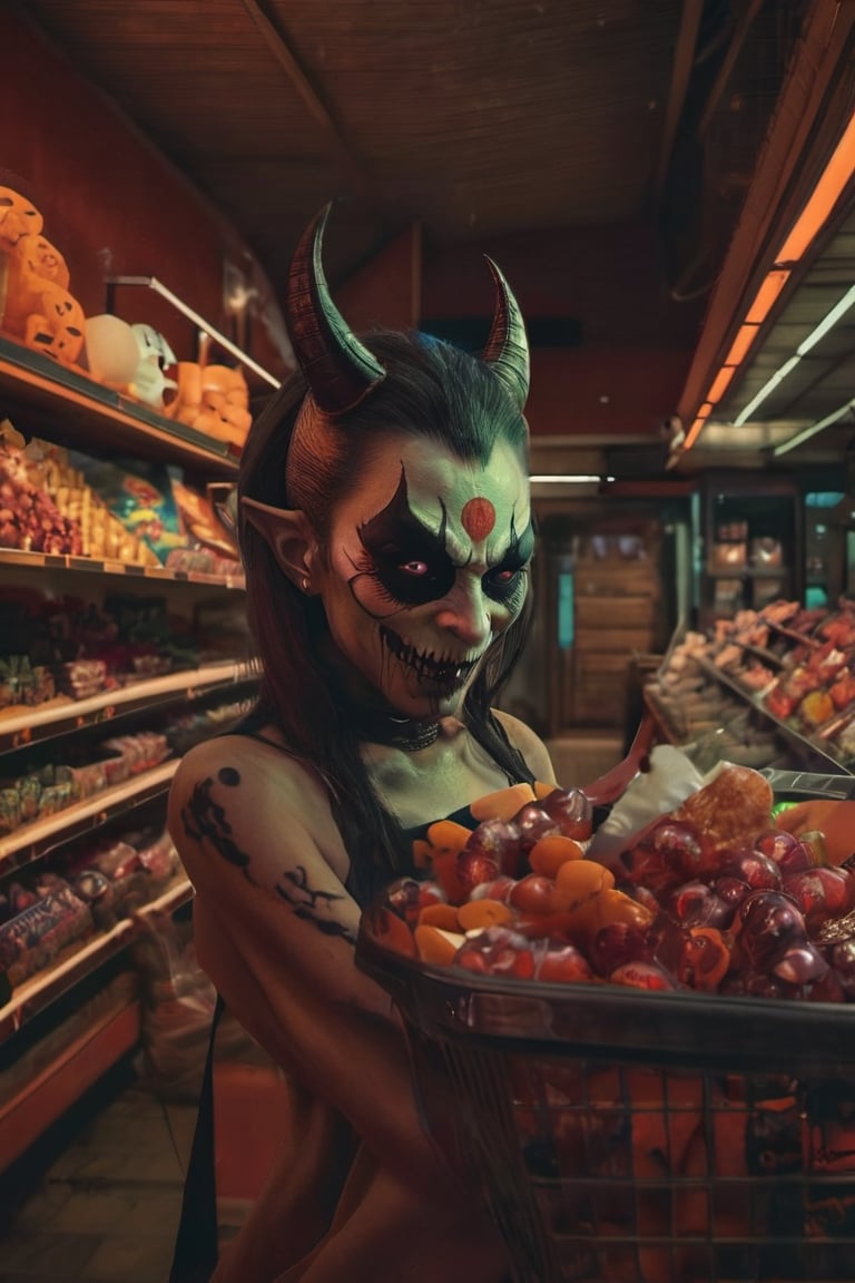 a glamorous demon shopping for halloween candy in a cozy supermarket, detailed happy face, moody environment, smoke filled atmosphere, night, oni style