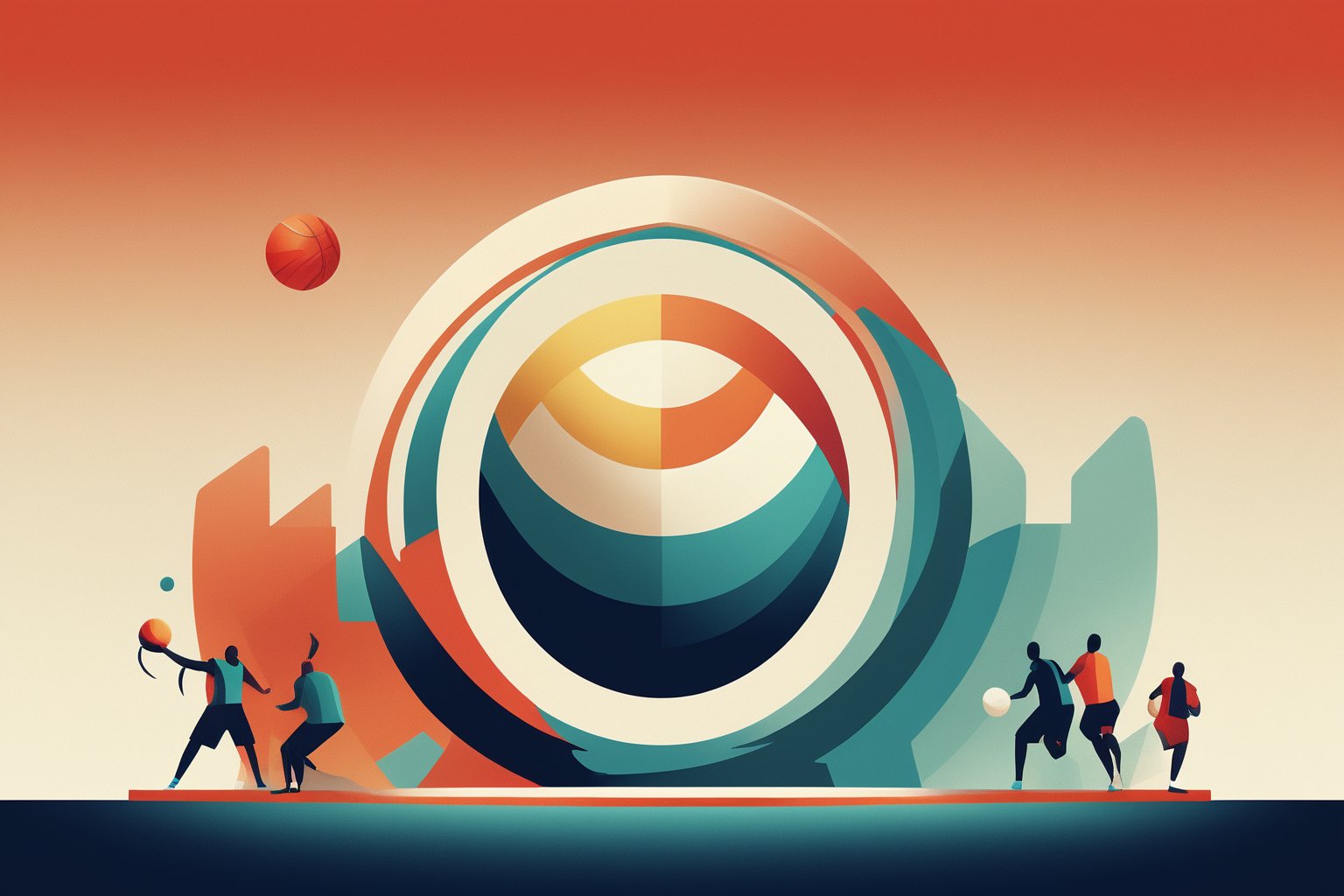 abstract minimalism, graphic design, olympic basketball team shooting balls through the olympic logo to warm up before the game, bold flat colors and shapes, expressive geometric art, artistic composition, clean lines, abstract, flat design, in the style of james gilleard