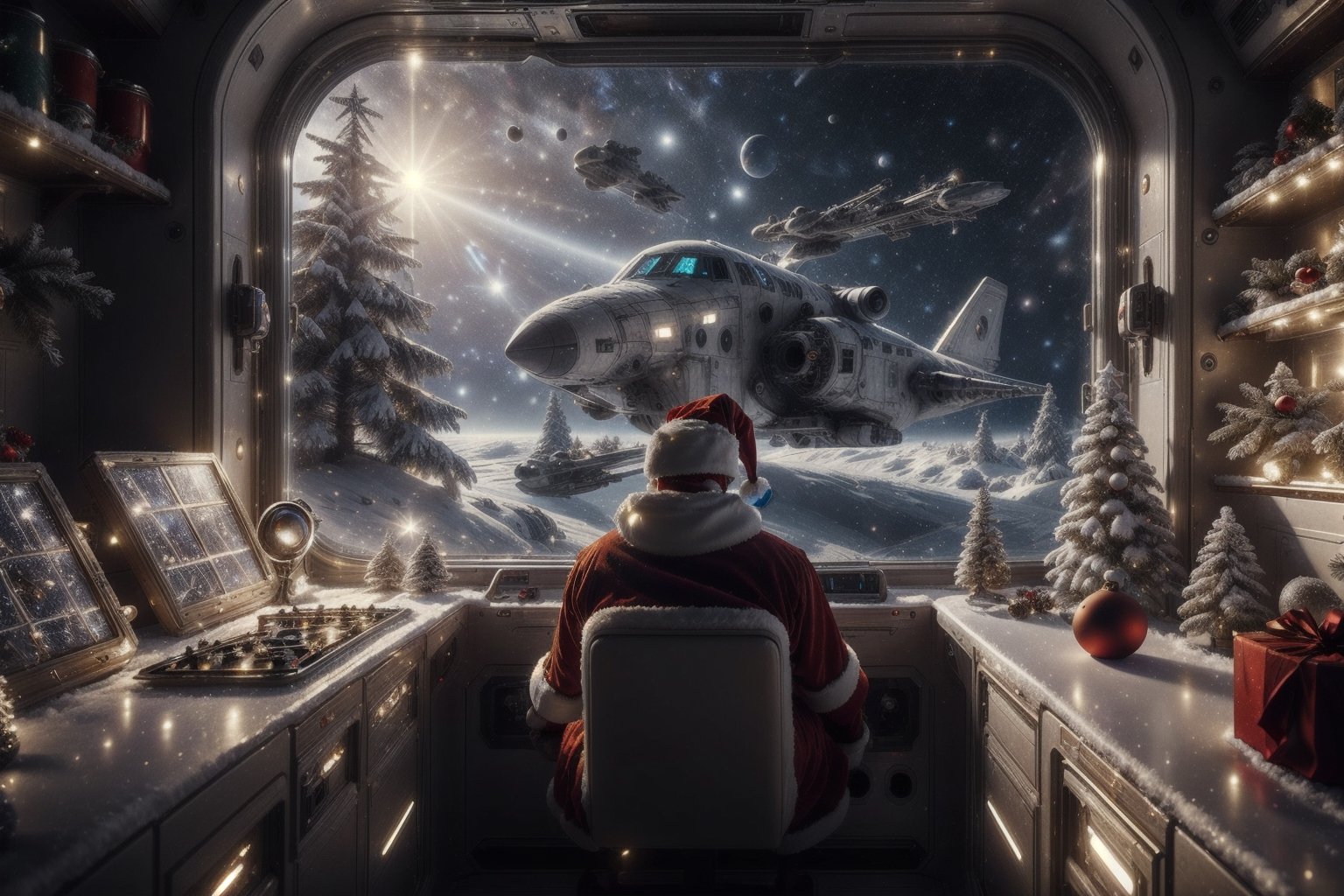 ((Santa Claus flying on a spaceship)), natural light, (RAW photo, best quality, masterpiece: 1.3), photon mapping, ultra-high resolution, 16k image, depth of field, spaceship interior, lost in space, top quality, futuristic control room, large windows, science fiction, view through the window, neon, screen, outside space, galaxies, realistic,ChristmasWintery