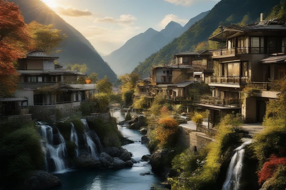 Captured from a low angle, this serene village nestles amidst spectacular waterfalls, its delicate lines and ornate details evoking progress and tranquility. The pristine natural backdrop creates a striking contrast with the highly technological architecture, where intricate details are highlighted by the warm glow of late evening sun setting over the mountains. vivid color, Enhanced Realistic