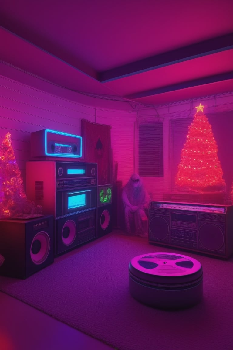 Santa chilling in his batchelor pad from the 1980s, neon christmas decorations, neon christmas tree on the wall, oversized retro boombox, big stacks of cassette tapes, 8K, 16K, neon photography style,<lora:659095807385103906:1.0>