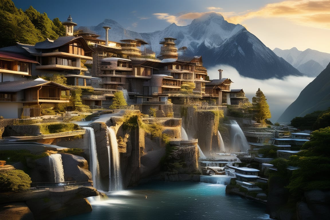 Low angle photo of an advanced mountain village surrounded by picturesque waterfalls. Delicate, and ornate lines that evoke a sense of progress and tranquility. Set in a pristine nature background that provides a striking contrast with highly technological architecture. The intricate details of the advanced architecture are highlighted by the warm light of the late evening sun setting over the mountains. vivid color