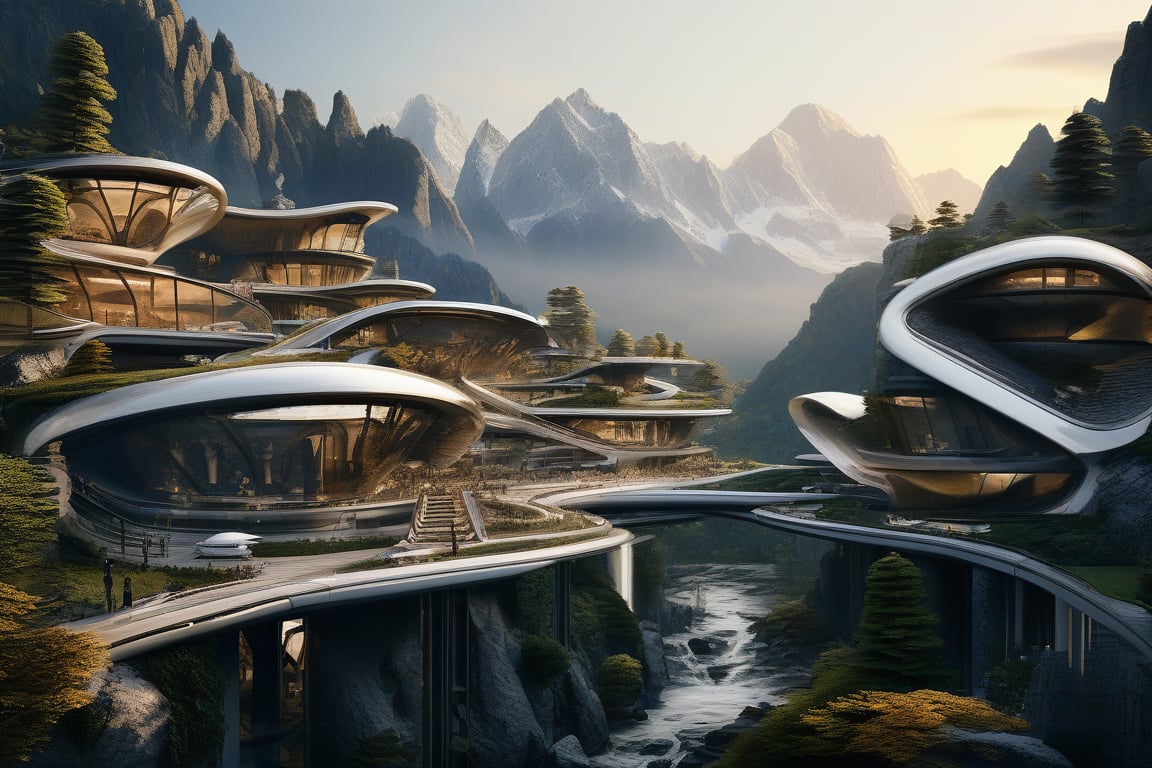 A low-angle shot captures the futuristic village perched amidst spectacular waterfalls, where delicate lines and ornate details converge to evoke a sense of progress and serenity. Against the pristine backdrop of towering mountains, the contrast between high-tech architecture and natural surroundings is striking. As the late evening sun dips below the peaks, warm light highlights the intricate details of the advanced structures.