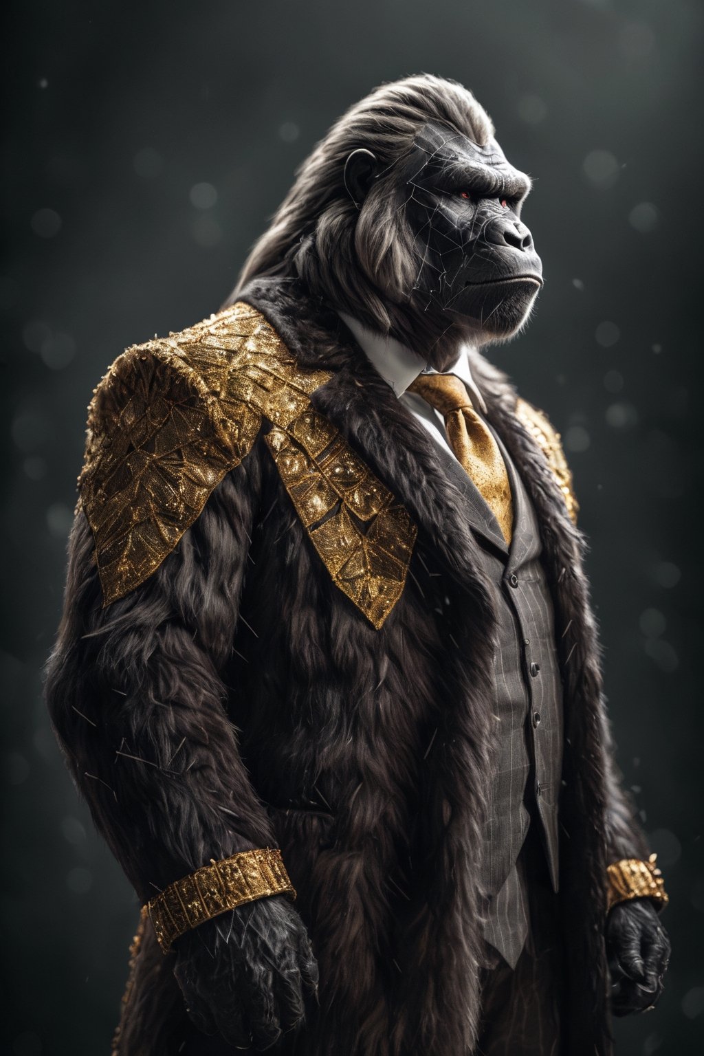 (rich fuzzy fur:1.2), lifestyle portrait of a dashing and dapper King Kong, powerful figure, the animal king radiates strength and determination. his beastly features exhibit an intimidating yet trustworthy appearance. his eyes glimmer with the colors of an active volcano. dataviz patterns in shades of earth and gold decorate his coat, perfect anatomy, artistic dynamic composition, best quality, (((masterpiece))), high quality, best details, realistic fur, Sony A7R IV, Sony FE 50mm f/1.2 GM, warm natural light, dataviz style