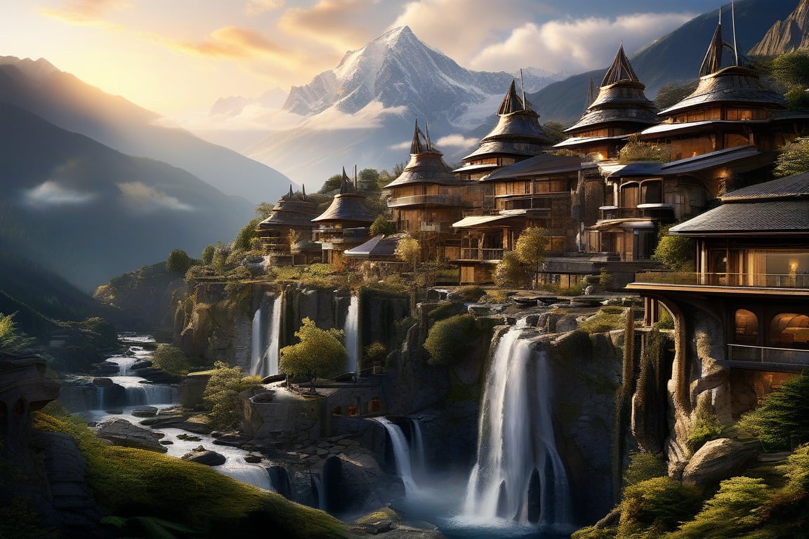 Low angle photo of an advanced mountain village surrounded by picturesque waterfalls. Delicate, and ornate lines that evoke a sense of progress and tranquility. Set in a pristine nature background that provides a striking contrast with highly technological architecture. The intricate details of the advanced architecture are highlighted by the warm light of the late evening sun setting over the mountains.