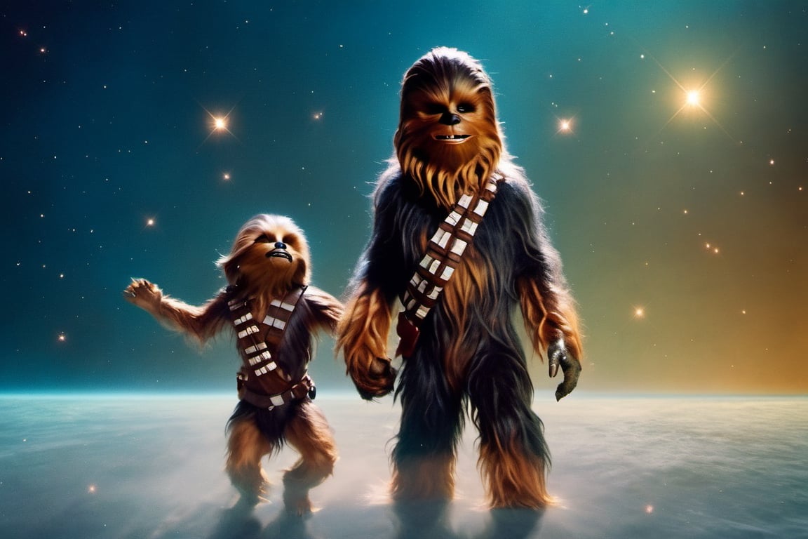 (a goblin floating in space holding hands with Chewbacca from Star Wars), best quality, masterpiece, 8K, HDR, (cinematic composition:1.3), Kodak portra 400, film grain, bokeh, lens flare, cinematic lighting, exquisite details and textures, ultra detailed, ((dynamic surfing pose)), monster