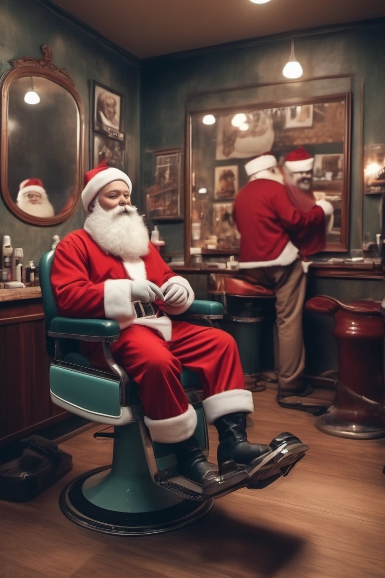 Santa in a classic barber shop getting his beard trimmed, artistic composition,lofi