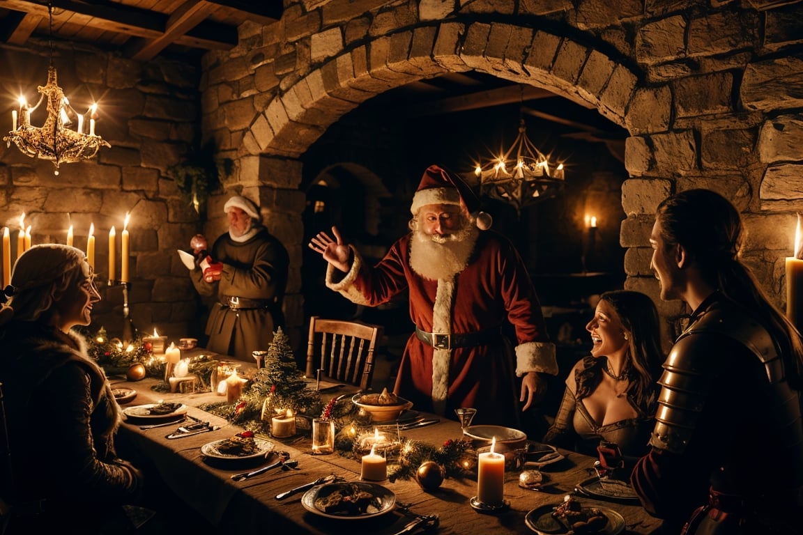 a cheerful Santa Claus throwing a christmas party in his medieval castle, hosting a dinner party for the elves wearing medieval armor, highly detailed, bright christmas lights, medieval armor, Game of Thrones,realistic