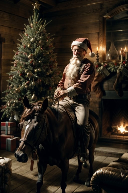 RAW photo, 8k UHD, highly detailed, Santa riding a mechanical bull in his cowboy style home, wild west saloon type christmas decorations, christmas tree with cowboy ornaments, fireplace, wild west vibe, nitricate 3D, cowboy shot, dynamic pose, wide angle photography, westworld,1