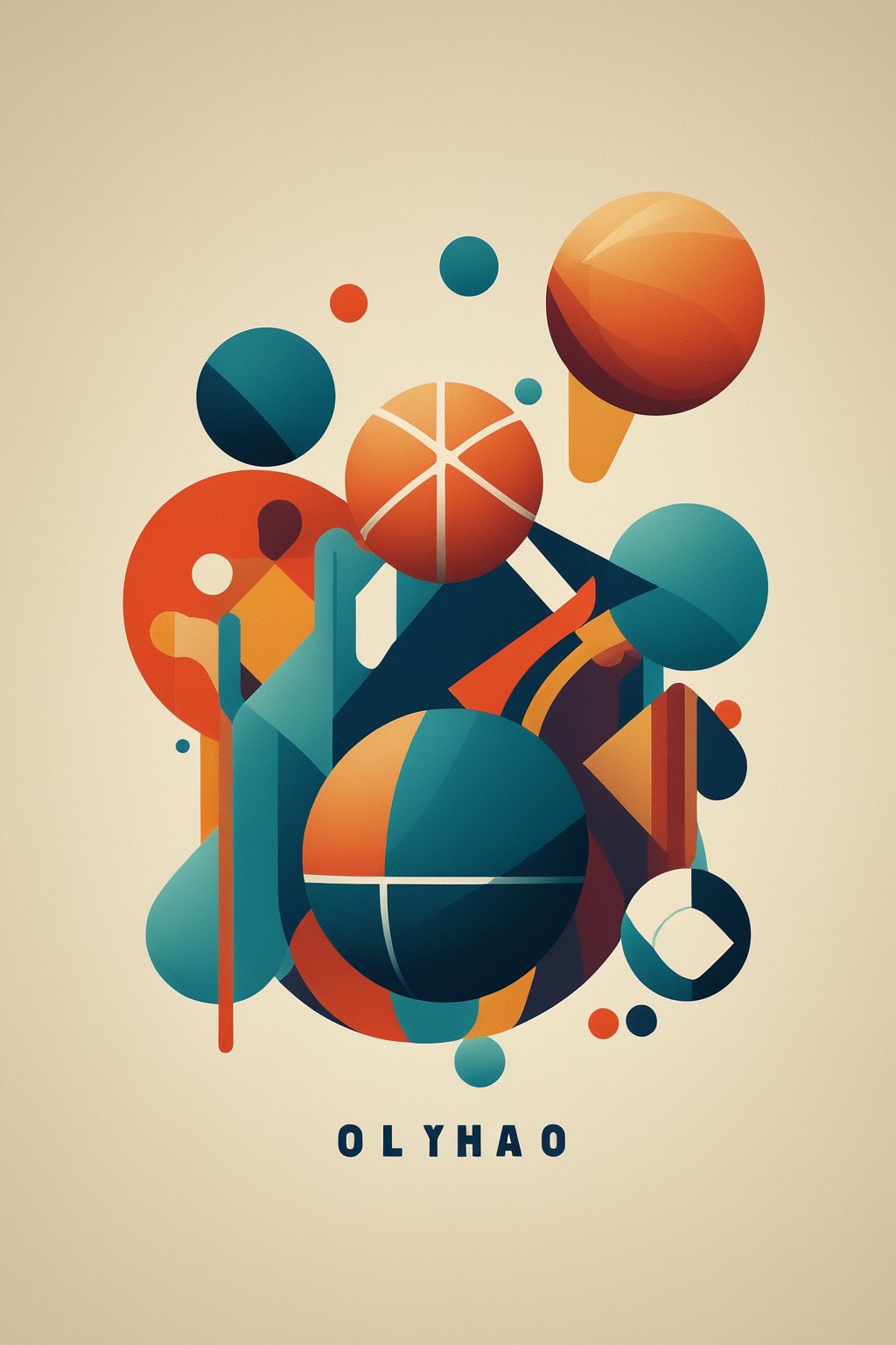 abstract minimalism, graphic design, olympic basketball team shooting balls through the olympic logo to warm up before the game, bold flat colors and shapes, expressive geometric art, artistic composition, clean lines, abstract, flat design, in the style of james gilleard