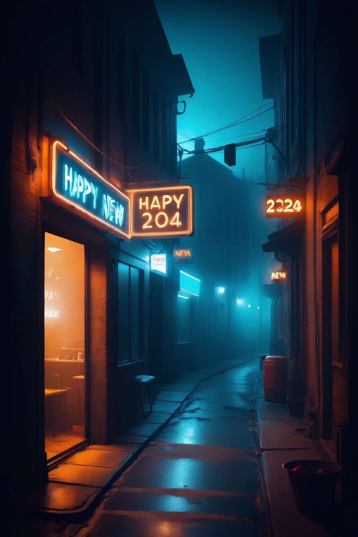 masterpiece, hazy teal orange foggy night sky, (silhouette), atmospheric, urban scene in a small town, new year after party theme, best quality, dark side alley, neon shop sign with the text (((happy new year 2024))), text