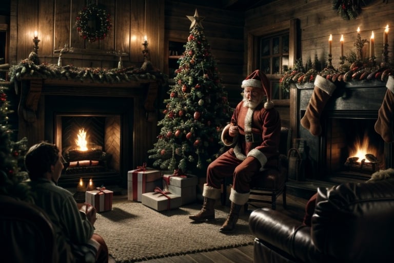 RAW photo, 8k UHD, highly detailed, ((Santa feeding a reindeer)) in his cowboy style home, wild west saloon type christmas decorations, christmas tree with cowboy ornaments, fireplace, wild west vibe, intricate, cowboy shot, dynamic pose, wide angle photography, westworld, 1