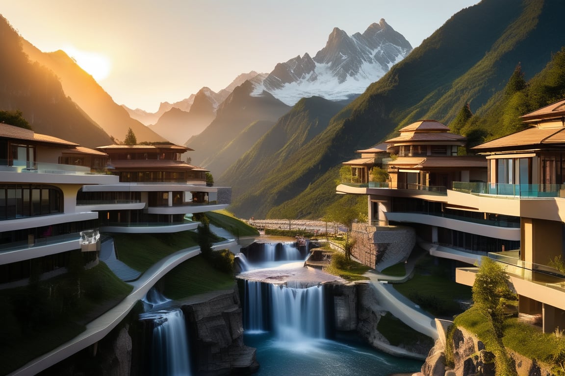 Low angle photo of an advanced mountain village surrounded by picturesque waterfalls. Delicate, and ornate lines that evoke a sense of progress and tranquility. Set in a pristine nature background that provides a striking contrast with highly technological architecture. The intricate details of the advanced architecture are highlighted by the warm light of the late evening sun setting over the mountains. vivid color