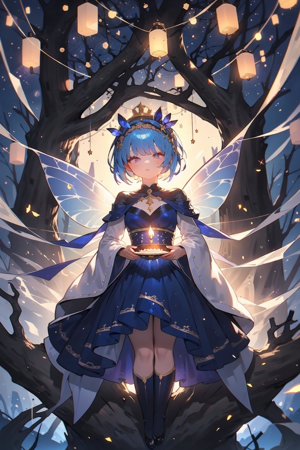 A whimsical scene unfolds on a sparkling nightdream of an anniversary celebration. One fairy girl, with blue locks aglow, perches atop a gnarled tree branch, surrounded by a canopy of twinkling stars. A majestic tree trunk serves as the centerpiece, adorned with a decadent cake, its candles lit like tiny lanterns. The air is enchanted with magic, as the fairy's delicate wings shimmer in harmony with the celestial display.,EpicSky