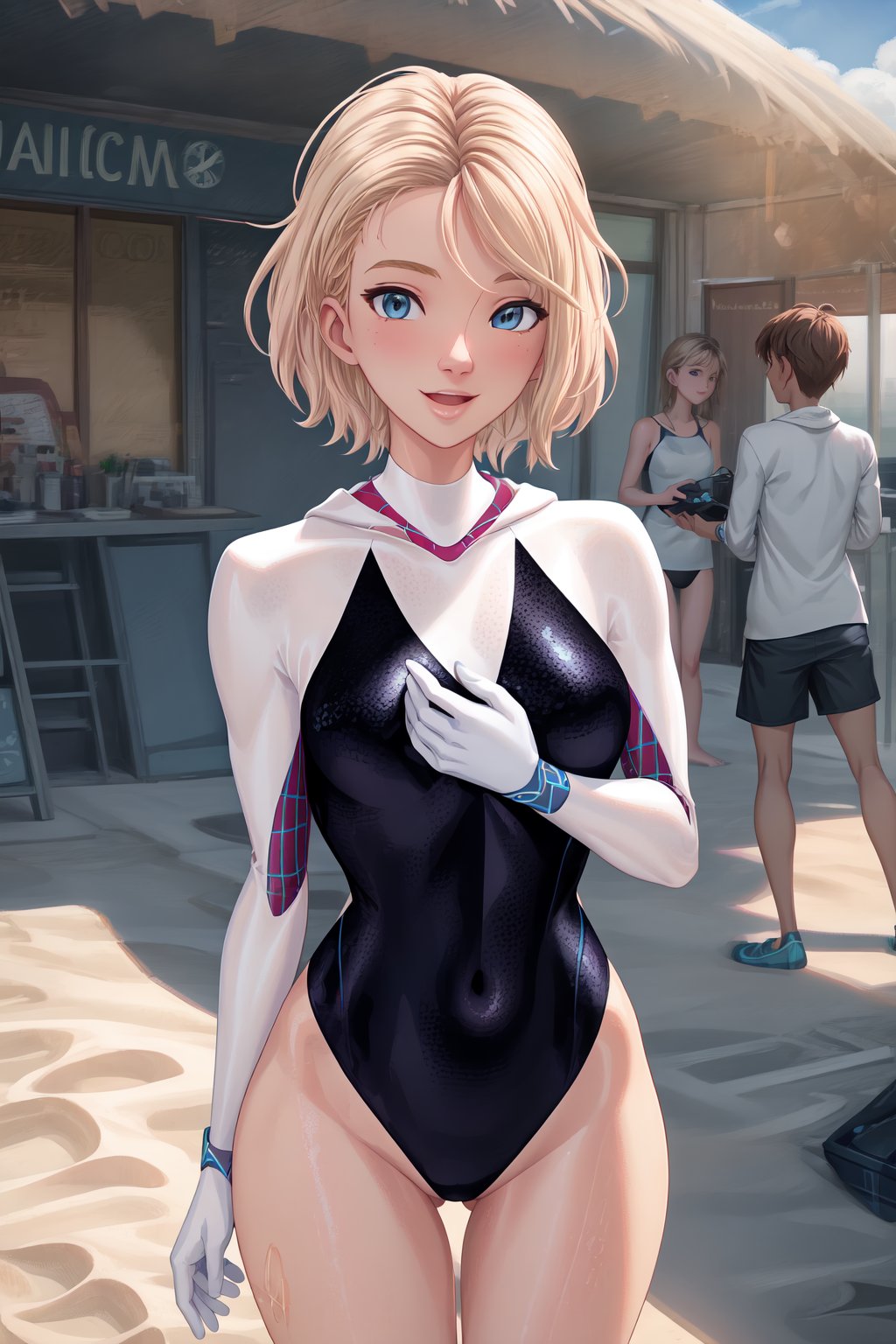 Realistic, Photorealistic Gwen Stacy looks stunning in a swimsuit as she enjoys a day at the beach in this photorealistic image. The sun-kissed beach provides a beautiful backdrop, with the sparkling ocean and soft sand complementing her vibrant personality. The photorealistic image should capture the intricate details of Gwen Stacy's swimsuit, showcasing its design and fabric textures. Her expression should radiate joy and relaxation, creating a sense of carefree enjoyment. The beach scene should be realistically depicted, with gentle waves and subtle reflections on the wet sand. Professional lighting techniques can be used to add a natural and warm glow to the image, enhancing its appeal as a wallpaper. The camera angle is a medium shot, focusing on Gwen's joyful expression and swimsuit as she stands against the picturesque beach.