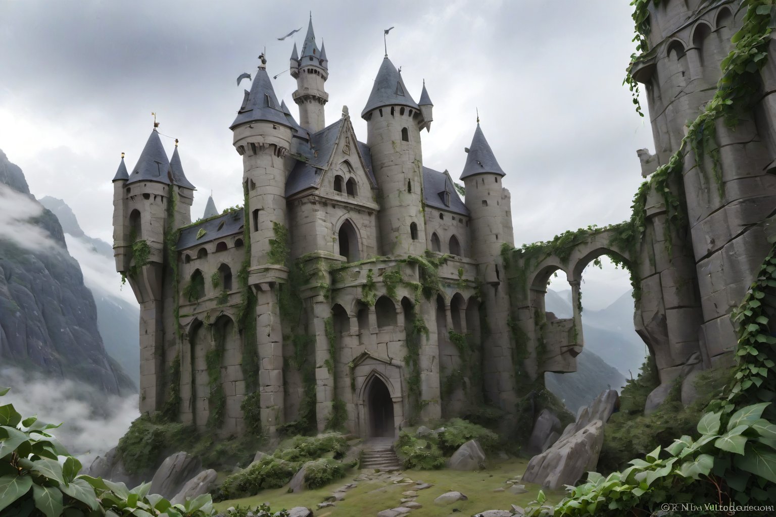 A majestic fantasy castle appears to be carved directly into the rugged side of a mist-shrouded mountain. Ancient stone walls blend seamlessly with the rocky terrain, as if the castle has grown organically from the earth itself. Turrets and towers rise like giant's fists, piercing the grey sky. Ivy and vines twist around crumbling battlements, as moss-covered stones seem to defy gravity. The air is thick with misty mystery, as if secrets whispered by the mountain itself.