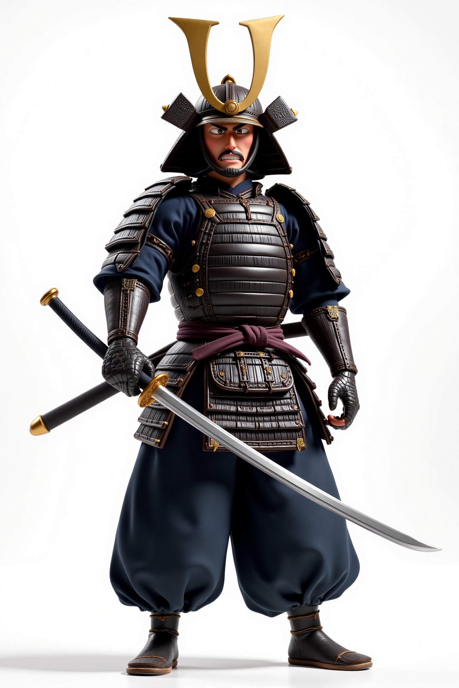 A stopmotion still scene featuring a samurai standing tall on a clean, white background. The samurai is dressed in traditional armor, intricately detailed with layers of dark, lacquered plates covering his torso, shoulders, and arms. His helmet is adorned with a large golden crest, its shape resembling curved horns that frame his stern, focused expression. His face is partially obscured by a menacing half-mask, revealing only his intense eyes.

In his right hand, the samurai grips a katana, its blade sharp and gleaming under the bright, even light of the scene. The sword is held slightly forward, the tip angled downward, ready for action. His left hand rests near the hilt, prepared to strike at any moment. The katana's handle is wrapped in dark leather, worn from countless battles.

His stance is solid and balanced, with one foot slightly in front of the other, as if bracing for an incoming challenge. His hakama pants are wide and flowing, the dark fabric slightly rustling in a nonexistent breeze. The armor’s intricate details—rivets, ties, and subtle wear—are highlighted against the clean, empty backdrop, giving the figure an air of isolation and focus.

There is nothing in the background to distract from the samurai, allowing his form and armor to dominate the scene, emphasizing his strength and discipline. The stark contrast between the detailed warrior and the blank surroundings enhances the sharpness of every feature.