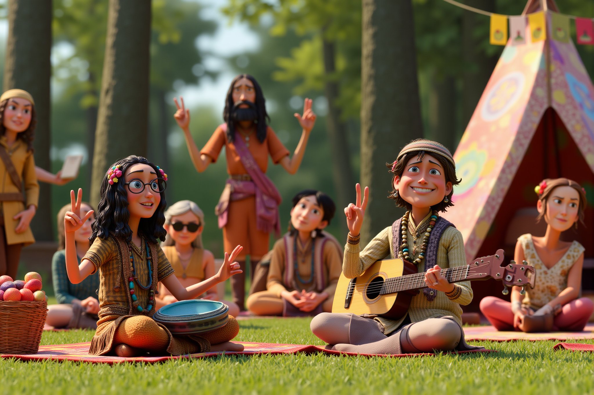 A stopmotion still scene depicting a group of hippies gathered in a peaceful outdoor setting. The characters are dressed in loose-fitting, bohemian clothing, with patterns featuring floral designs and fringed vests. Each of them has long, wavy hair, and some wear headbands or bandanas, adding to their carefree and unconventional style.

In the foreground, a young woman with round sunglasses and beads around her neck strums a guitar while sitting cross-legged on the grass. Beside her, a man with a bushy beard and tie-dye shirt raises his hand in a peace sign, smiling warmly. Another figure, a woman with flowers woven into her hair, holds a tambourine, gently tapping it to the rhythm of the music.

Behind them, more people are gathered, some sitting on colorful blankets, others swaying and dancing to the music. A makeshift tent is set up in the background, adorned with peace symbols and hand-painted banners. There are also baskets of fruits and flowers spread across the ground, contributing to the relaxed, communal vibe of the scene.

The overall composition captures the essence of the 1960s counterculture movement, with an emphasis on peace, music, and togetherness. The setting is lush with trees and grass, adding a natural, earthy backdrop that complements the free-spirited energy of the group.