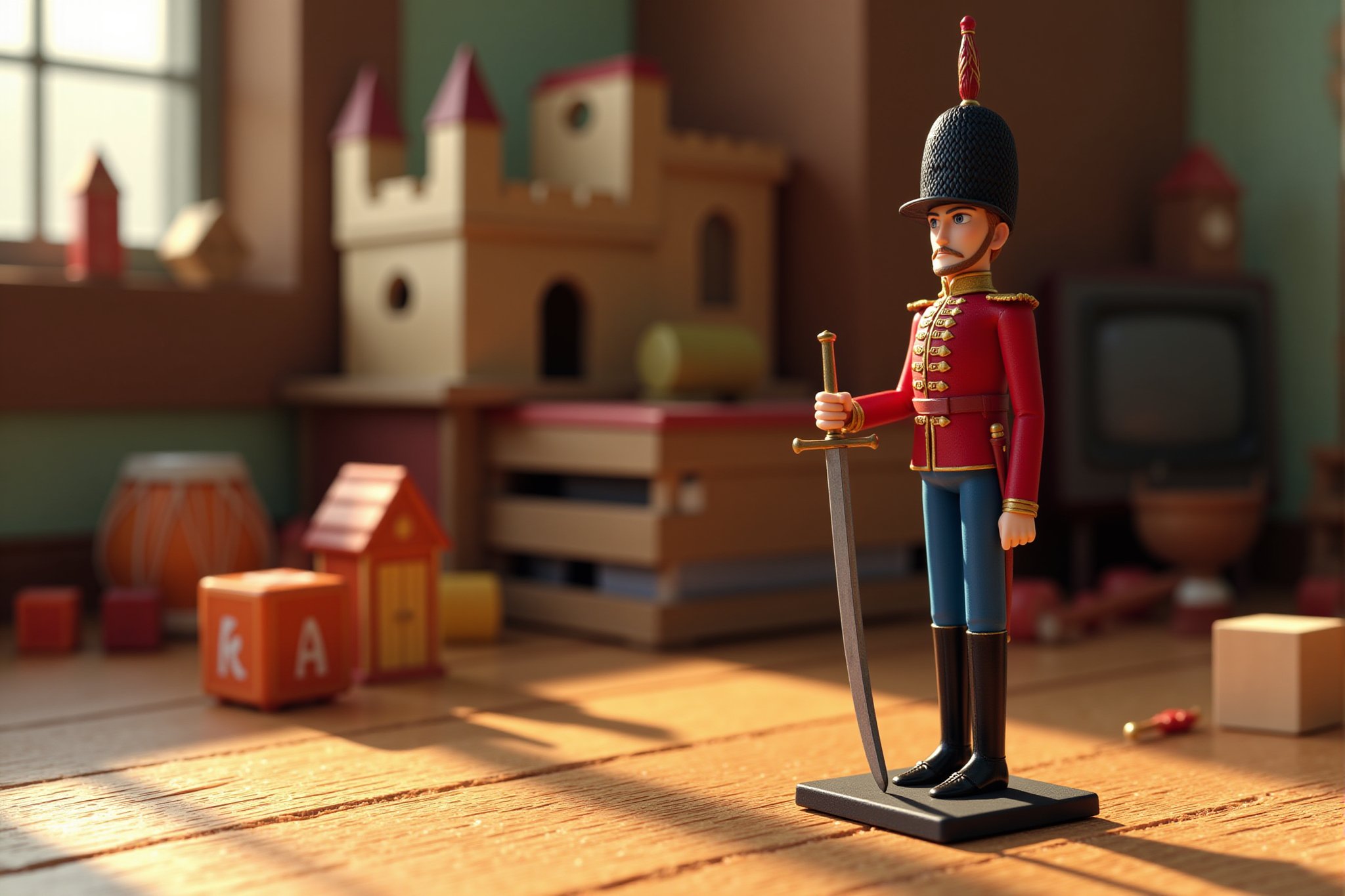 A stopmotion still scene depicting a lead soldier standing at attention on a wooden tabletop. The soldier, crafted in meticulous detail, wears a traditional uniform with a tall shako hat, a stiff red jacket with gold buttons, and blue trousers. His expression is stoic, with his small eyes focused straight ahead. A thin, straight sword rests by his side, held tightly in one hand.

The soldier’s base is flat and square, blending into the wood surface beneath him. The table is part of a child’s room, with scattered toys in the background, including a toy drum, blocks, and a dollhouse. Faint light filters in from a nearby window, casting long shadows and highlighting the metallic sheen of the lead soldier’s body. The surface of the lead is slightly worn, with tiny dents and imperfections adding to its charm.

Behind the soldier, a large toy castle made of wooden blocks stands on the edge of the table. The scene is simple yet detailed, capturing the soldier’s resolute posture in an otherwise playful environment, creating a sense of quiet determination amidst the toys around him.