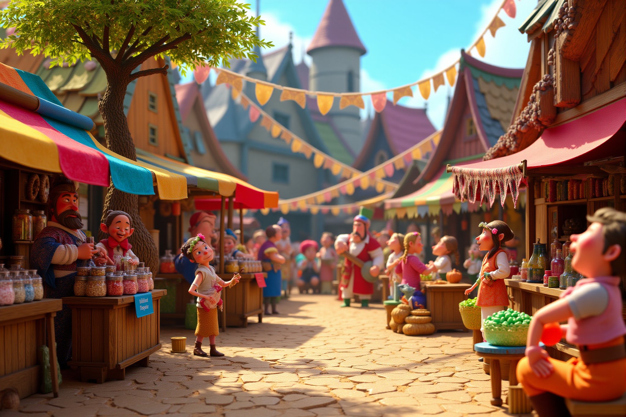 A stopmotion still scene depicting a lively fantasy village fair. The fair is bustling with activity, featuring colorful stalls decorated with vibrant banners and lanterns. Each stall showcases an array of goods, from handcrafted trinkets and potions to baked goods and colorful fabrics, attracting villagers and visitors alike.

In the foreground, a jolly vendor with a bushy beard stands behind his stall, cheerfully displaying jars filled with shimmering ingredients, while a young girl with a flower crown excitedly points to a brightly colored potion. Nearby, a group of children are playing games, trying their luck at tossing rings over bottles and participating in a balloon-popping contest.

At the center of the scene, a wooden stage hosts a performance, where a bard in a flamboyant outfit strums a lute, entertaining an audience that includes various fantasy archetypes such as elves, dwarves, and magical creatures, all captivated by the music.

Decorative elements like garlands of flowers and twinkling lights hang from trees surrounding the fair, creating a festive atmosphere. The background is filled with whimsical architecture, including thatched-roof cottages and winding paths, enhancing the enchanting feel of the village.

The overall scene captures the joy and merriment of the fair, showcasing the community spirit and the unique charm of a fantasy village celebration.