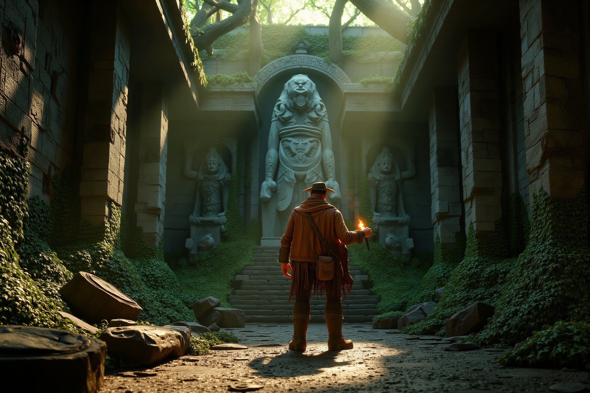 A stopmotion still scene featuring an explorer standing inside an ancient, overgrown temple. The explorer, a rugged figure dressed in a worn leather jacket, sturdy boots, and a wide-brimmed hat, is positioned in the center of the frame. He carries a weathered satchel slung over his shoulder, and in one hand, he holds a torch, its flickering light illuminating the temple's surroundings.

The temple is constructed from large, crumbling stone blocks, covered in thick layers of moss and vines that have reclaimed much of the structure. Broken statues of forgotten deities line the walls, partially obscured by creeping vegetation. In the background, a massive stone altar stands at the far end of the chamber, with intricate carvings barely visible through the overgrowth.

The floor is uneven, littered with fallen stones and ancient debris. Large tree roots have broken through the temple walls, coiling around pillars and snaking across the floor. Faint beams of sunlight break through gaps in the roof, casting a soft, golden light on sections of the ruined interior.

The explorer’s cautious stance suggests that he is ready for danger, his eyes scanning the surroundings for traps or hidden threats. The entire scene is framed to emphasize the immense scale of the temple, with the explorer dwarfed by the ancient, imposing architecture.