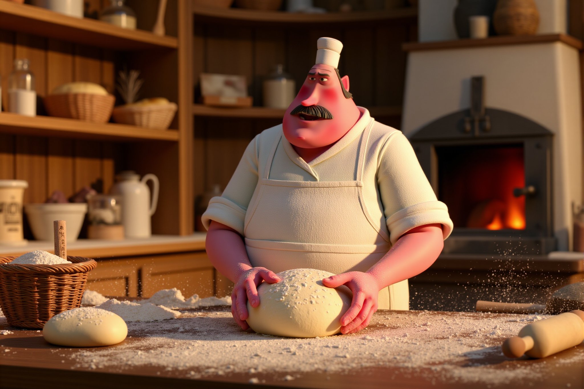 A stopmotion still scene featuring a chubby baker in the middle of kneading bread dough on a rustic wooden countertop. The baker is a rotund figure, with rosy cheeks, a broad smile, and a neatly trimmed mustache. He wears a flour-dusted white apron over his shirt, with rolled-up sleeves and a traditional baker’s hat perched on his head. His round hands are pressing into the dough, pushing and folding it in rhythmic motions.

The countertop is cluttered with baking tools: a rolling pin, a large bowl of flour, measuring spoons, and a bag of yeast. Small puffs of flour rise in the air as the baker works, giving the scene a dynamic, lively feel. Behind him, shelves are filled with jars of ingredients, baskets of freshly baked bread, and an old-fashioned oven in the background, with its iron door slightly ajar and a warm glow coming from within.

The baker’s arms are thick and strong from years of working dough, and his movements are deliberate and practiced. His expression is one of concentration as he shapes the bread, with his plump body leaning slightly forward into his work. The scene captures the cozy, inviting atmosphere of a traditional bakery, with the baker as the heart of the operation, busily preparing the next batch of bread.