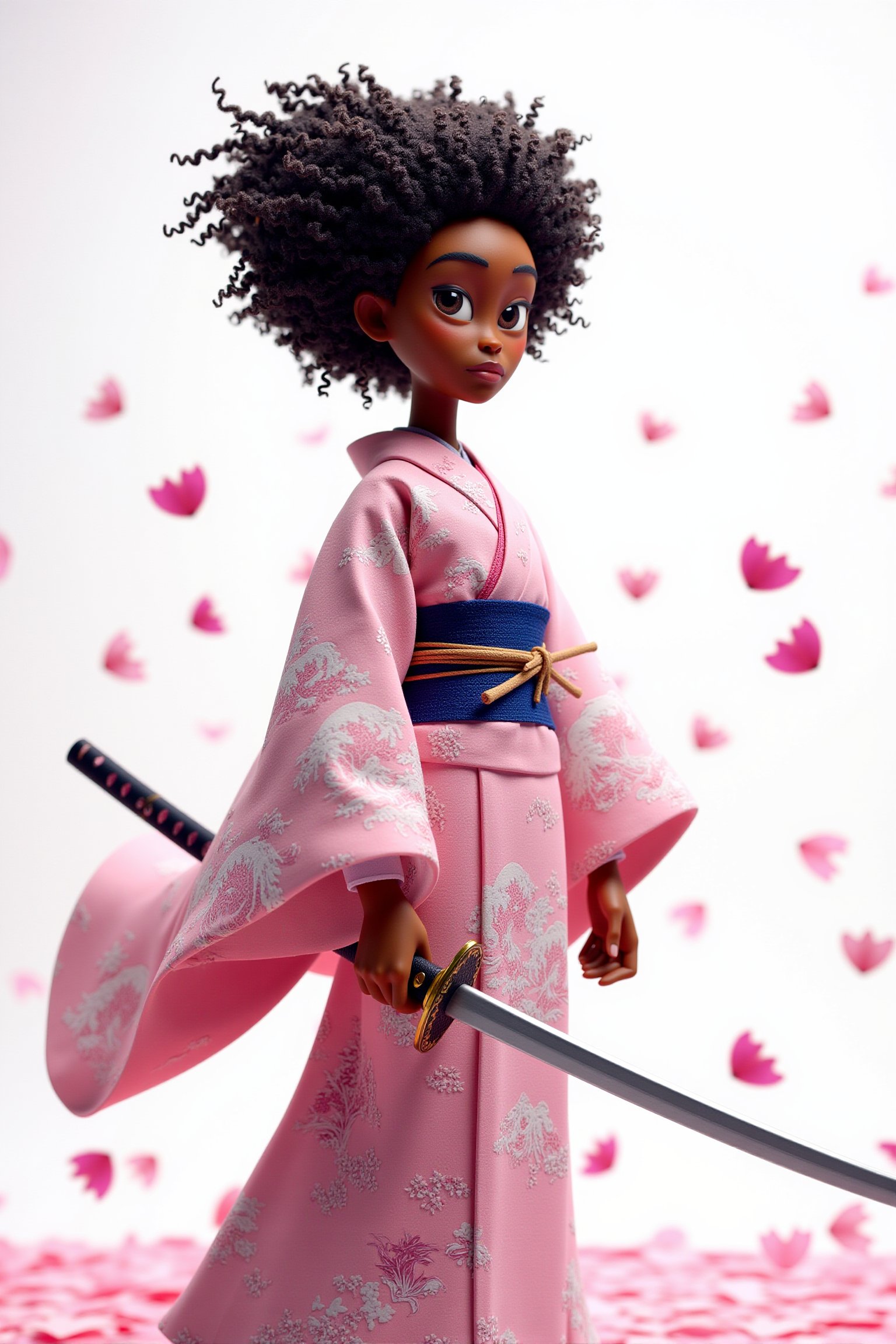 A stopmotion still scene featuring a Black female samurai standing confidently in a traditional kimono, set against a clean, white background. Her kimono is elegantly adorned with intricate patterns of cherry blossoms and waves in soft shades of pink and blue, beautifully contrasting with the deep, rich tones of her skin. The wide sleeves of the kimono flow gracefully, emphasizing her poised stance.

Her hair is styled in a full, natural afro, adding a striking element to her appearance, with curls cascading around her face and framing her strong features. Her expression is focused and serene, with determined eyes that convey both strength and wisdom.

In her right hand, she holds a katana, the blade shining brightly as it rests beside her. The sword's handle is wrapped in dark leather, ensuring a firm grip, while her left hand hangs loosely at her side, relaxed yet ready for action.

Behind her, a whirlwind of cherry blossom petals swirls in the air, creating a vibrant backdrop that contrasts beautifully with the clean background. The petals, in shades of soft pink, dance around her, adding a sense of movement and life to the scene. The combination of the serene warrior and the fluttering petals highlights both the elegance of her figure and the beauty of nature, celebrating the harmony between strength and femininity.