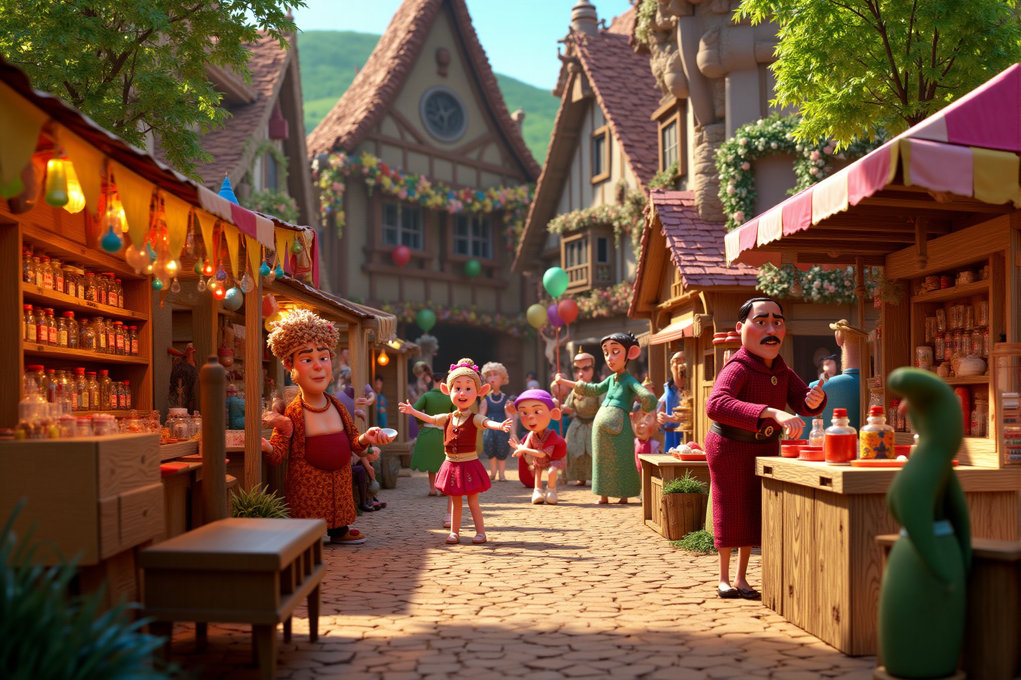 A stopmotion still scene depicting a lively fantasy village fair. The fair is bustling with activity, featuring colorful stalls decorated with vibrant banners and lanterns. Each stall showcases an array of goods, from handcrafted trinkets and potions to baked goods and colorful fabrics, attracting villagers and visitors alike.

In the foreground, a jolly vendor with a bushy beard stands behind his stall, cheerfully displaying jars filled with shimmering ingredients, while a young girl with a flower crown excitedly points to a brightly colored potion. Nearby, a group of children are playing games, trying their luck at tossing rings over bottles and participating in a balloon-popping contest.

At the center of the scene, a wooden stage hosts a performance, where a bard in a flamboyant outfit strums a lute, entertaining an audience that includes various fantasy archetypes such as elves, dwarves, and magical creatures, all captivated by the music.

Decorative elements like garlands of flowers and twinkling lights hang from trees surrounding the fair, creating a festive atmosphere. The background is filled with whimsical architecture, including thatched-roof cottages and winding paths, enhancing the enchanting feel of the village.

The overall scene captures the joy and merriment of the fair, showcasing the community spirit and the unique charm of a fantasy village celebration.