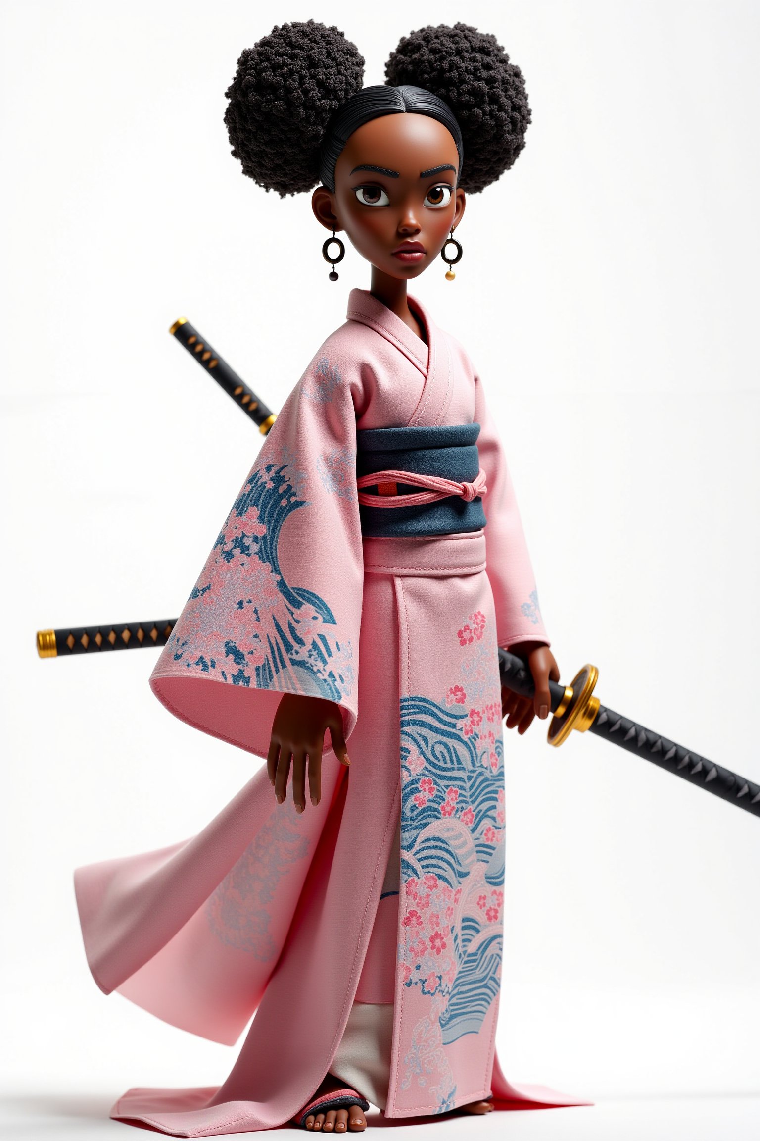 A stopmotion still scene featuring a Black female samurai standing confidently in a traditional kimono, set against a clean, white background. Her kimono is elegantly adorned with intricate patterns of cherry blossoms and waves in soft shades of pink and blue, beautifully contrasting with the deep, rich tones of her skin. The wide sleeves of the kimono flow gracefully, emphasizing her poised stance.

Her hair is styled in a full, natural afro, adding a striking element to her appearance, with curls cascading around her face and framing her strong features. Her expression is focused and serene, with determined eyes that convey both strength and wisdom.

In her right hand, she holds a katana, the blade shining brightly as it rests beside her. The sword's handle is wrapped in dark leather, ensuring a firm grip, while her left hand hangs loosely at her side, relaxed yet ready for action.

The fabric of the kimono drapes elegantly around her, creating soft folds that enhance the overall sense of fluidity and grace. The clean, empty backdrop emphasizes the beauty and strength of her figure, allowing the intricate details of her attire and the confidence of her posture to stand out. This scene captures a powerful representation of a warrior, celebrating both tradition and individuality.