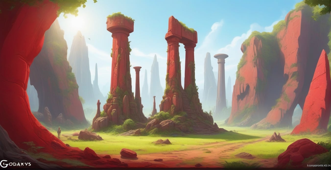 background plate, land of giants, ruins, overgrown, lush, sunny, godrays, temple, statues, rocks, red, mars