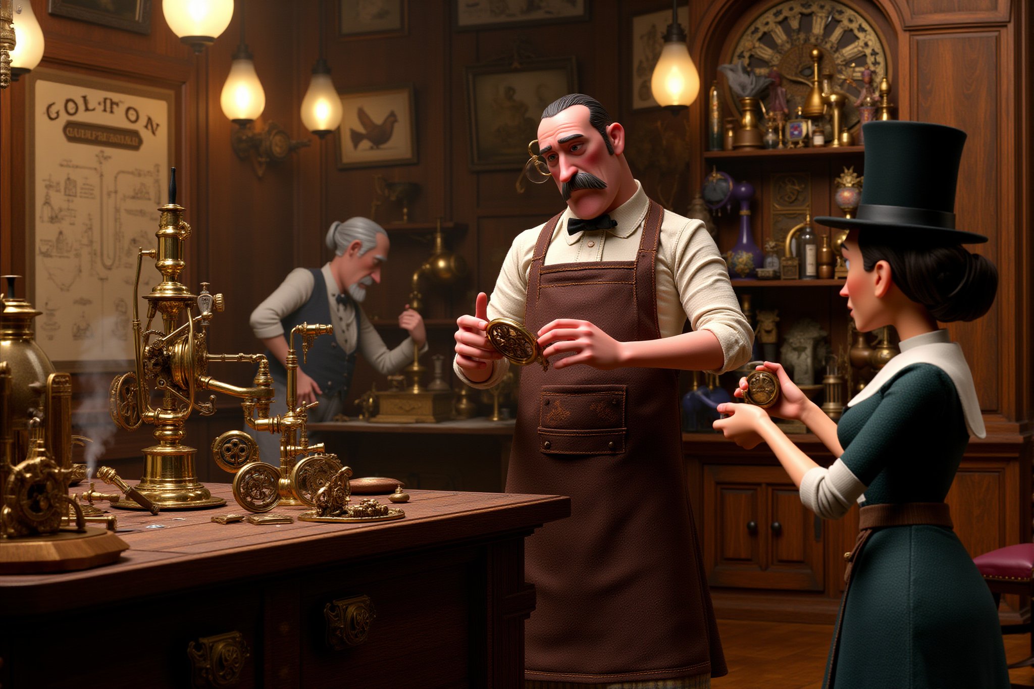 A stopmotion still scene depicting a steampunk merchant shop. The shop is filled with intricate mechanical gadgets and brass machinery, lining shelves and hanging from the ceiling. The merchant, a middle-aged man with a monocle and a long, oil-stained leather apron, stands behind a large wooden counter. He has a neatly groomed mustache and is tinkering with a pocket watch, using small tools to adjust its gears.

In the foreground, various customers browse the shop’s wares. One customer, a woman in a Victorian-inspired outfit with a high collar and a corset, examines a pair of brass goggles while another man, dressed in a waistcoat and top hat, inspects a mechanical arm displayed on a rotating platform.

Behind the merchant, shelves are packed with items such as steam-powered clocks, mechanical birds, and brass pipes connecting to strange, humming contraptions. The walls are covered with blueprints, sketches of inventions, and framed patents. Gears and cogs are embedded into the furniture, adding to the shop’s mechanical aesthetic.

The scene is lit by flickering gas lamps hanging from the ceiling, casting soft light over the intricately detailed objects. Steam rises from some of the machines, creating a hazy, mechanical atmosphere in the shop.