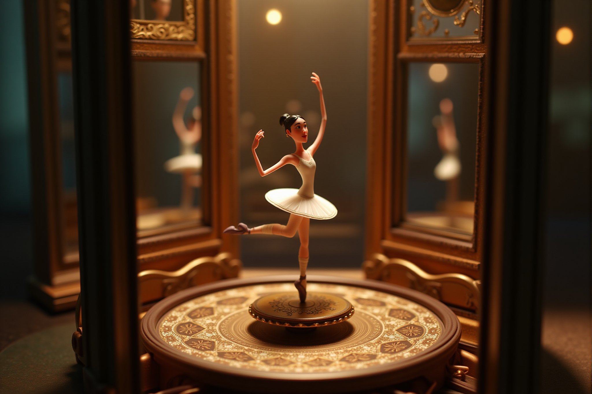 A stopmotion still scene of a delicate ballerina standing inside a small carillon, poised on one leg in an elegant ballet position. The ballerina wears a classic tutu, her arms raised gracefully above her head. Her figure is finely detailed, with a slender body, a smooth face, and a neat bun of hair.

She stands on a circular platform at the center of the carillon, surrounded by tiny gears and a polished base, all encased within a round, mirrored interior. The mirrors reflect the ballerina’s form from multiple angles, creating a repeating image that emphasizes her elegance. The platform she stands on has a slight tilt, as if slowly turning to the soft, unseen music of the carillon.

Around the base, tiny engravings of floral patterns are visible, adding a touch of vintage craftsmanship. The entire scene is delicately lit, with soft highlights catching the shiny surfaces of the carillon and the ballerina’s tiny ballet shoes. The background fades into darkness, focusing all attention on the still figure of the ballerina in her small, intricate world.