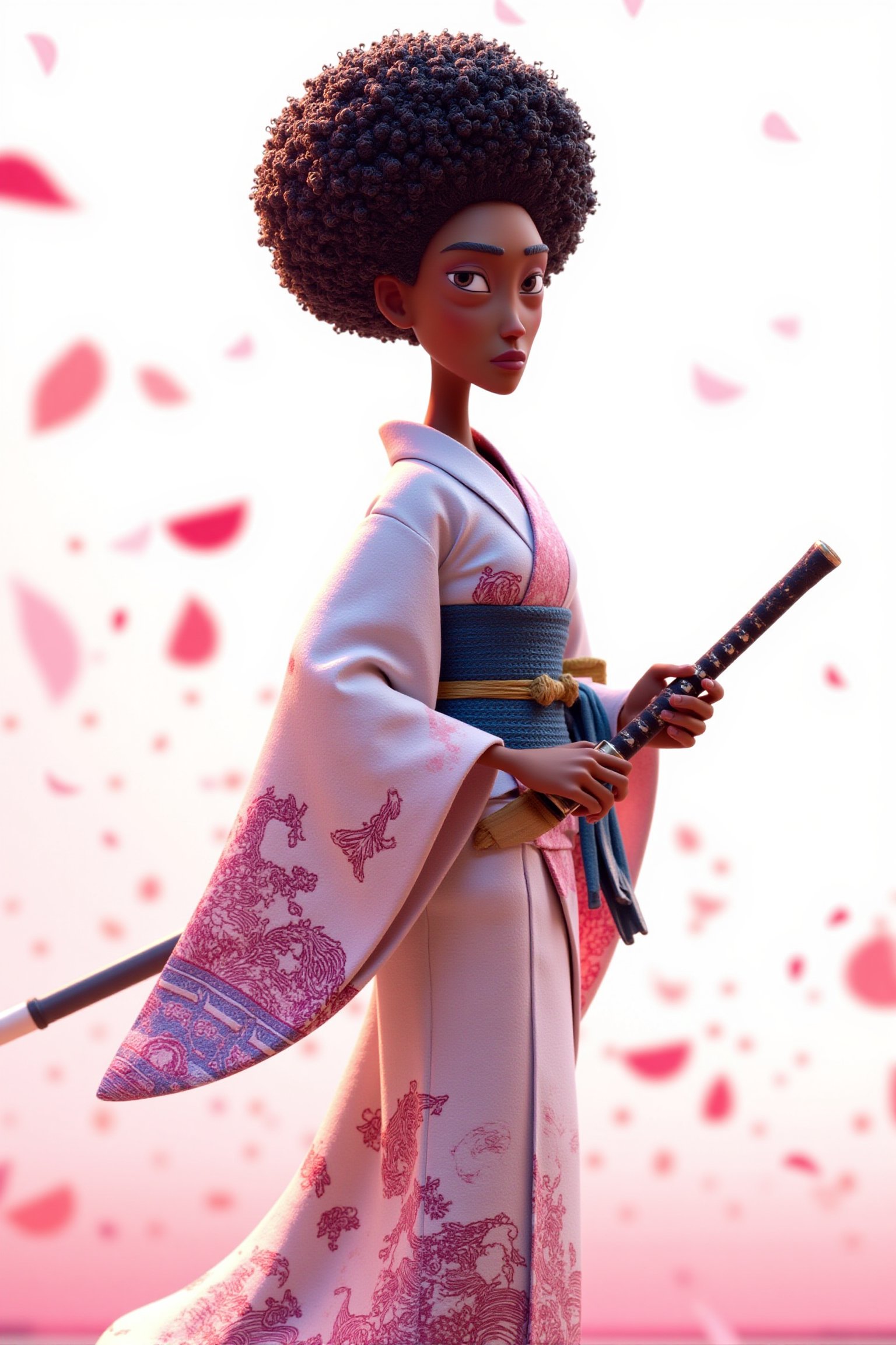 A stopmotion still scene featuring a Black female samurai standing confidently in a traditional kimono, set against a clean, white background. Her kimono is elegantly adorned with intricate patterns of cherry blossoms and waves in soft shades of pink and blue, beautifully contrasting with the deep, rich tones of her skin. The wide sleeves of the kimono flow gracefully, emphasizing her poised stance.

Her hair is styled in a full, natural afro, adding a striking element to her appearance, with curls cascading around her face and framing her strong features. Her expression is focused and serene, with determined eyes that convey both strength and wisdom.

In her right hand, she holds a katana, the blade shining brightly as it rests beside her. The sword's handle is wrapped in dark leather, ensuring a firm grip, while her left hand hangs loosely at her side, relaxed yet ready for action.

Behind her, a whirlwind of cherry blossom petals swirls in the air, creating a vibrant backdrop that contrasts beautifully with the clean background. The petals, in shades of soft pink, dance around her, adding a sense of movement and life to the scene. The combination of the serene warrior and the fluttering petals highlights both the elegance of her figure and the beauty of nature, celebrating the harmony between strength and femininity.