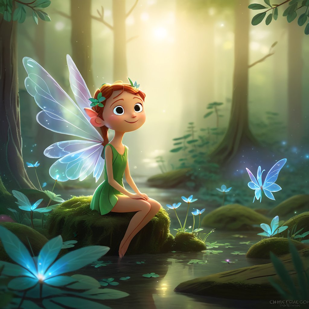 "A fairy in the center of the image, illuminated by soft magical light, surrounded by a mystical forest setting, with delicate wings spread wide and a serene expression on her face."